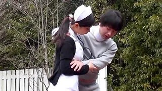 Japanese nurse sucking an obstacle brush patient's dick outdoors in an obstacle park