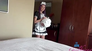 Purple haired maid Lily Adams drops her panties for a quickie